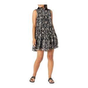 Just Taylor Sleeveless Mock Neck Smocked Floral Print A-line Chiffon Dress, Sz14